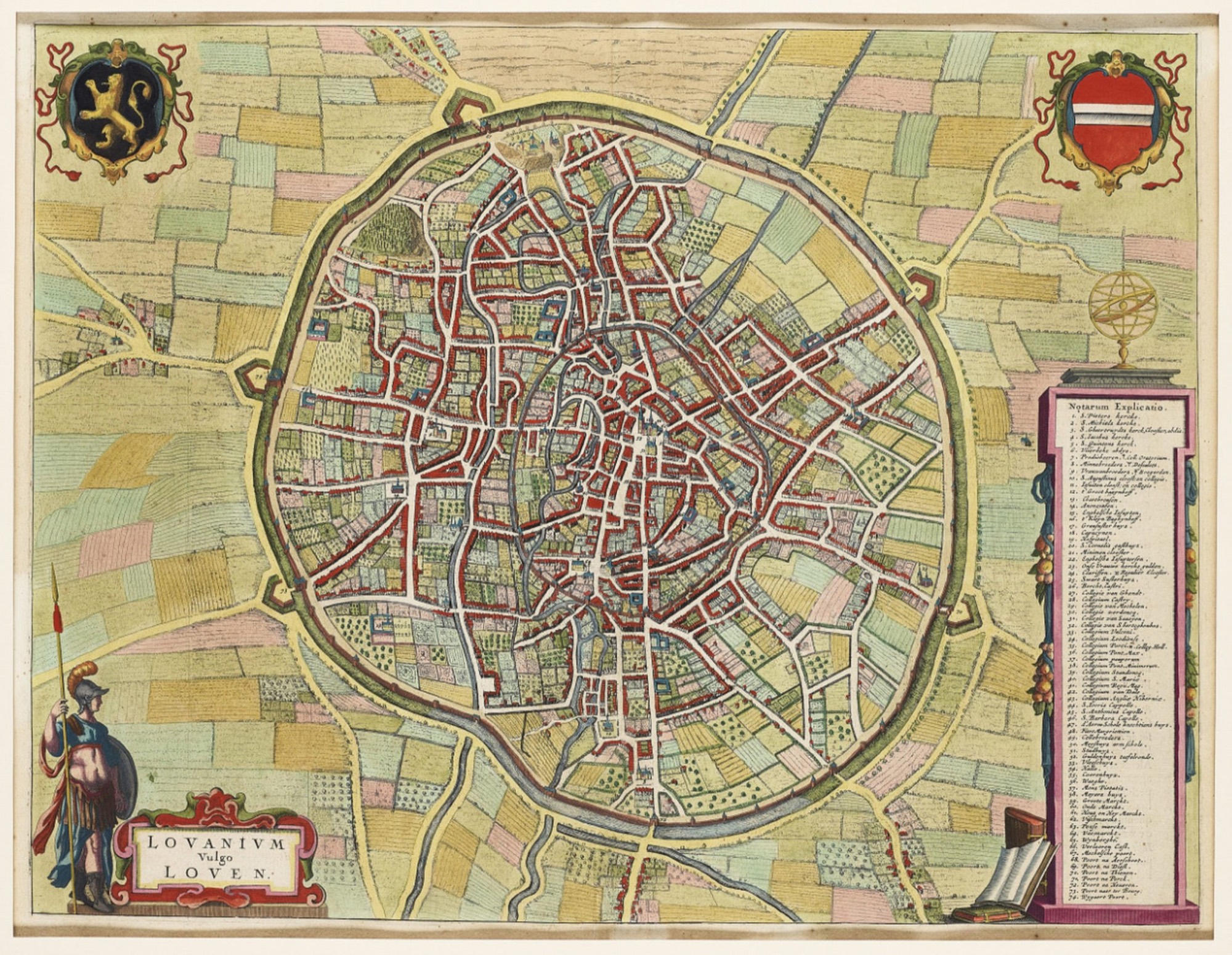 Hand-coloured town plan of Leuven inside its round city wall, surrounded by fields, with a cartouche reading Lovanium vulgo Loven.