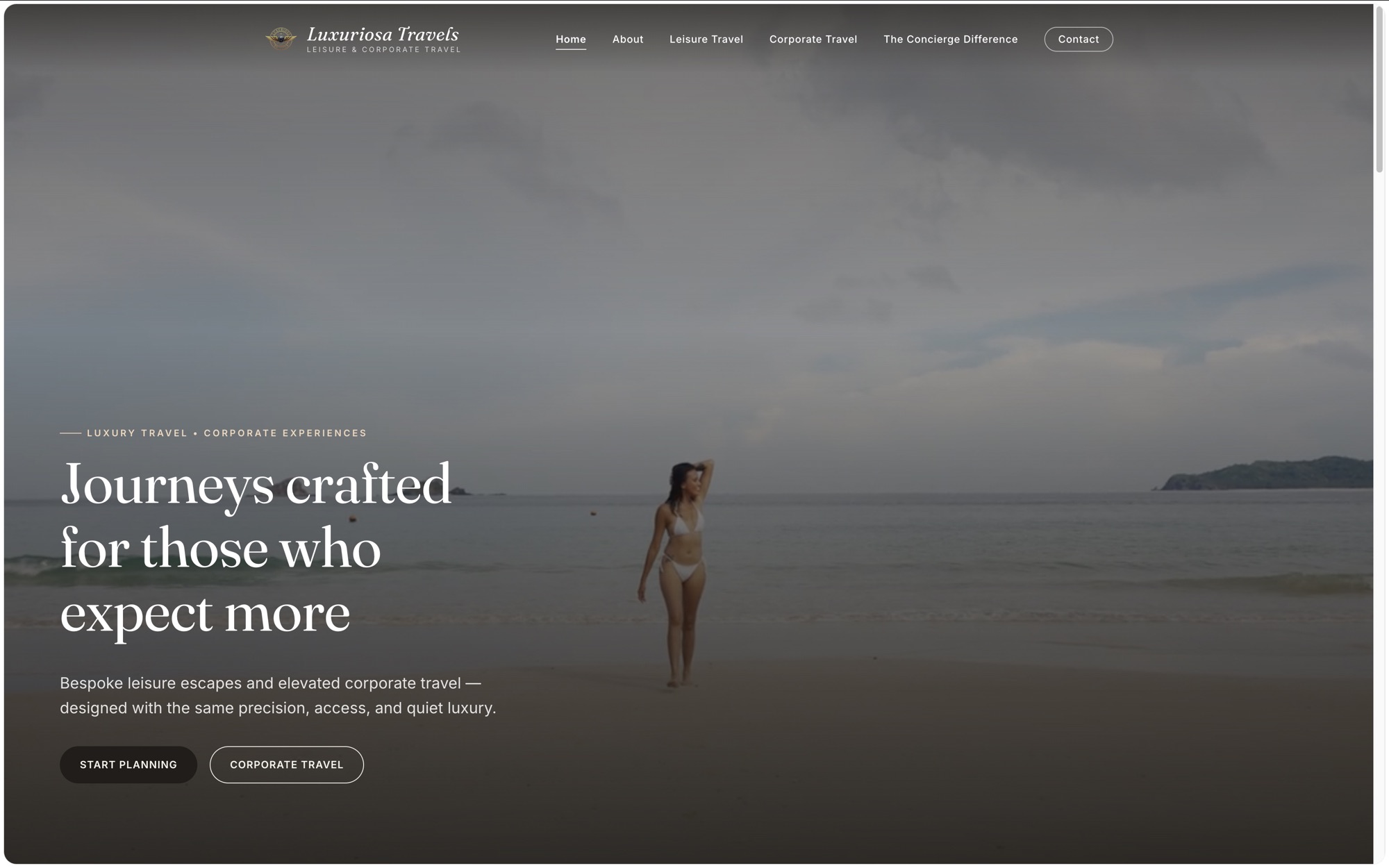 The Luxuriosa Travels homepage: a traveler on a beach at dusk behind the headline, with Start planning and Corporate travel buttons.
